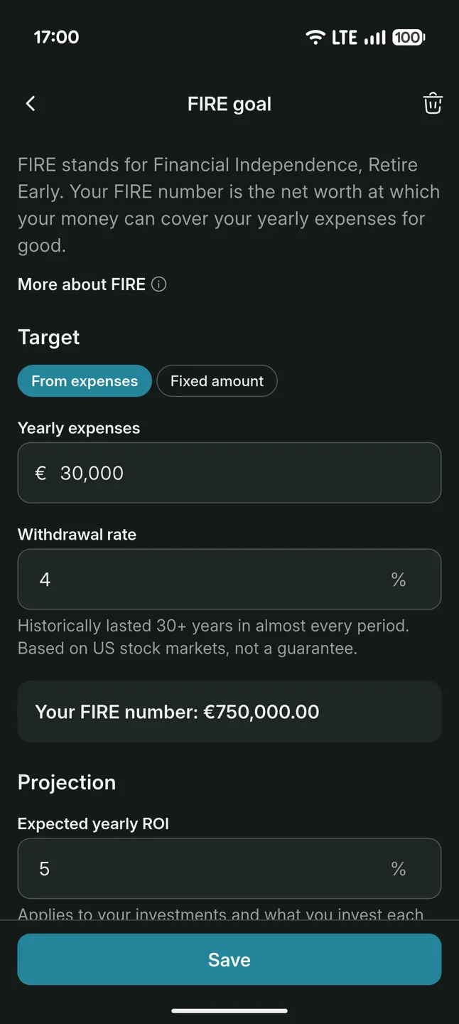 FIRE goal screen with yearly expenses, withdrawal rate and the resulting FIRE number