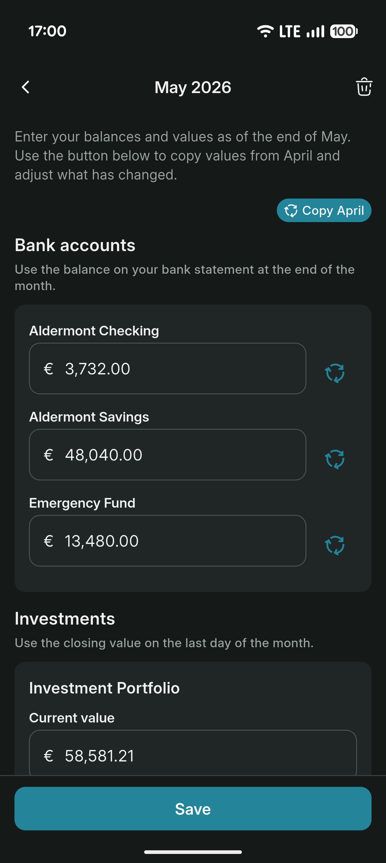 Monthly entry screen with a button to copy last month's values