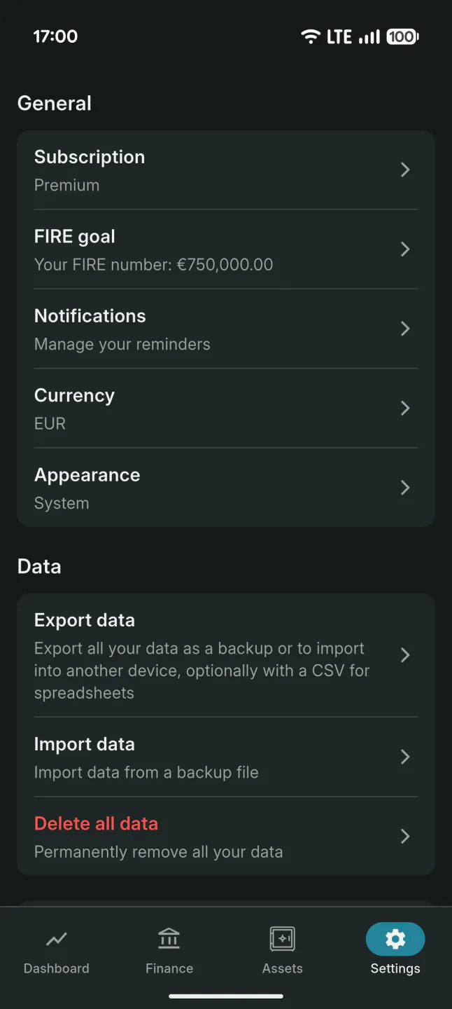 Settings screen with options to export a backup, export to CSV and import data